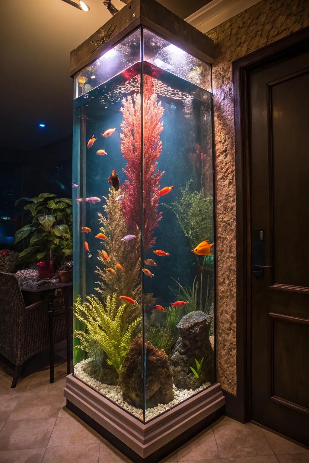 An illuminated elongated fish tank exhibiting vivid aquatic existence.