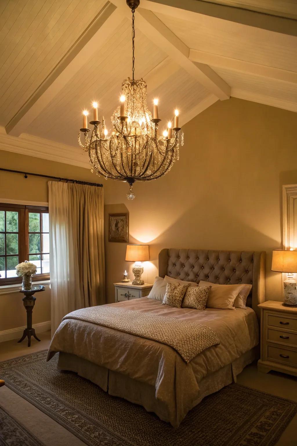 Lighting enhances the feeling of warmth in a tan room.