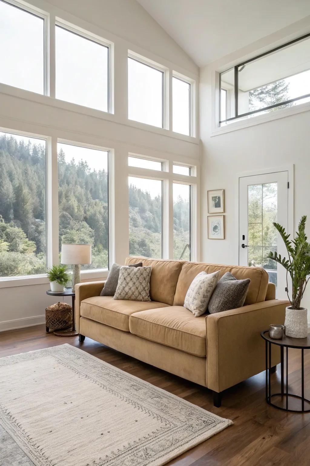 An open arrangement utilizing a beige sofa encourages relaxation.