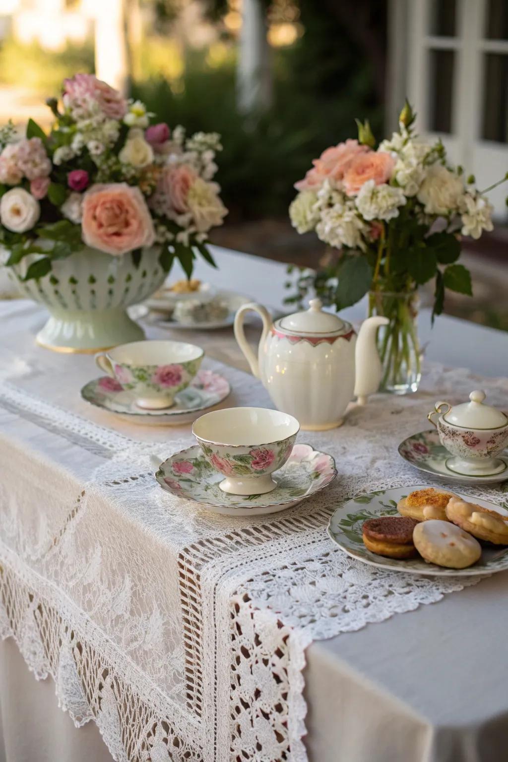 A lace tablecloth adds a vintage elegance to the tea party setup.