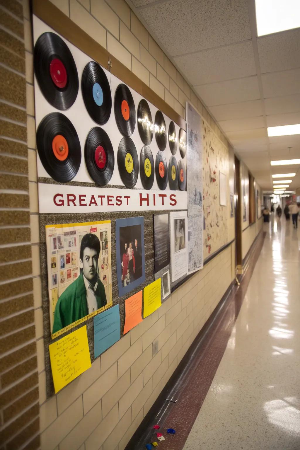 A retro-themed board featuring vinyl records celebrating teachers as the 'Greatest Hits'.