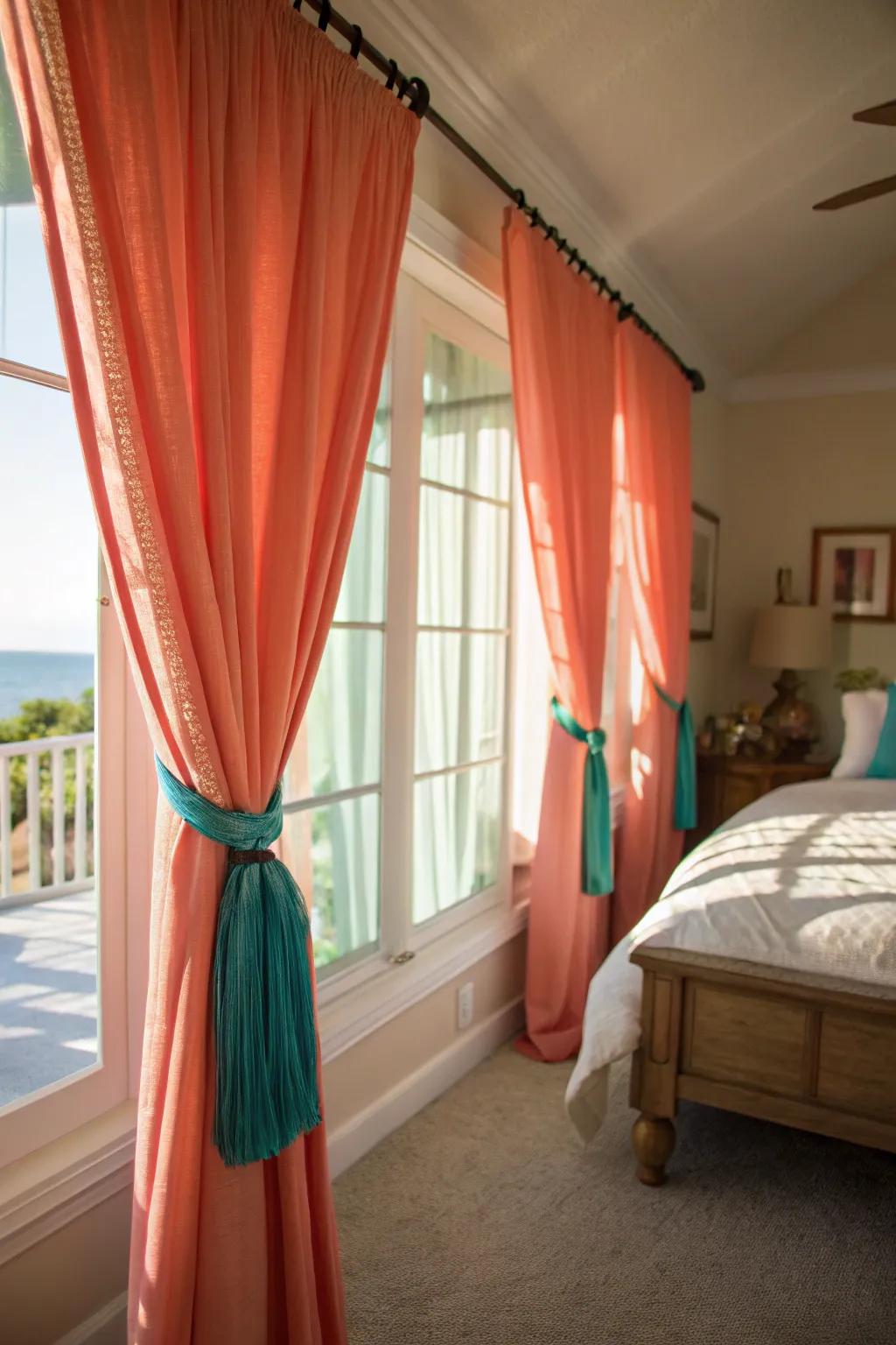 Coral window coverings and teal fasteners produce a striking contrast.
