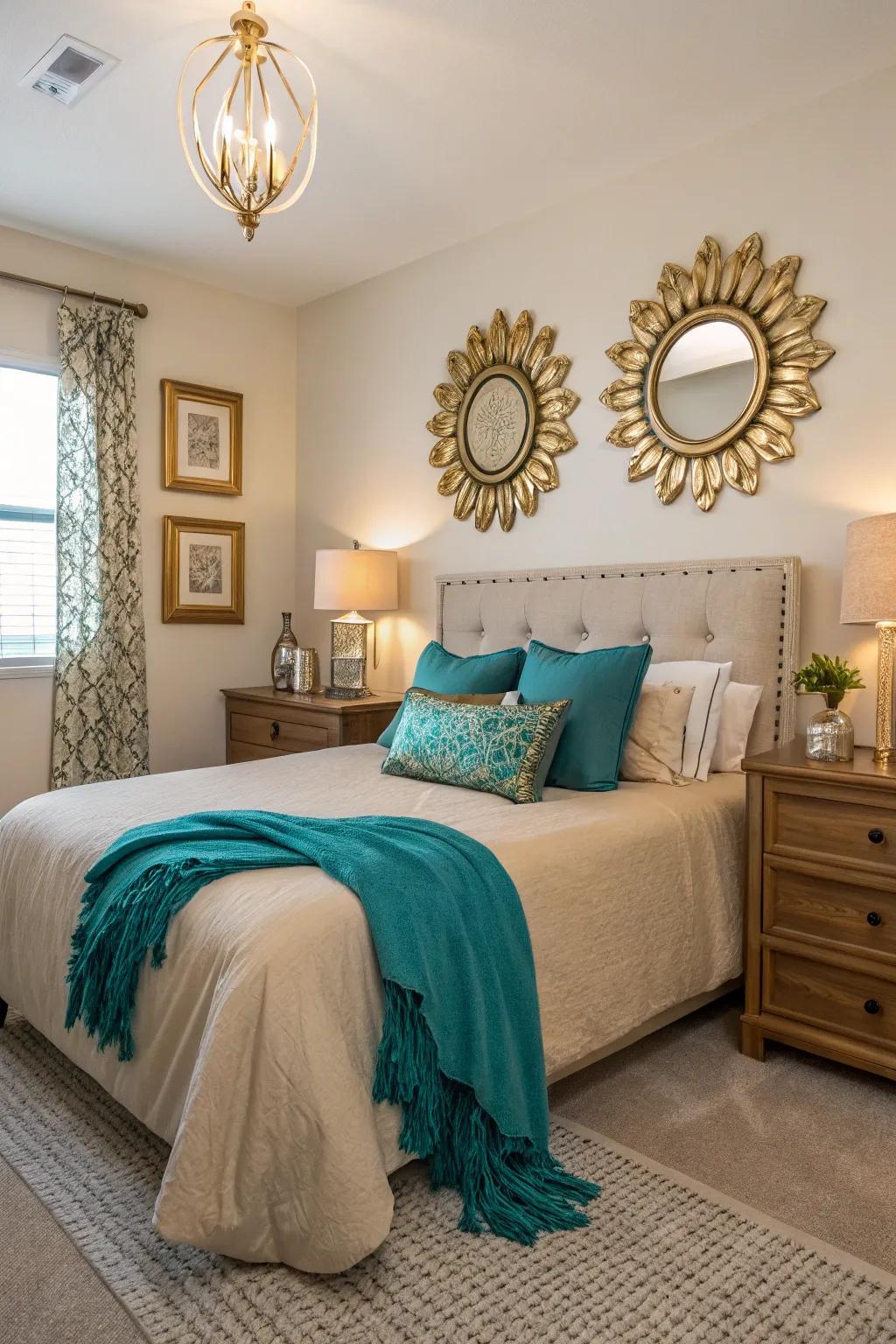 Understated bedding offsets the vibrant azure and gilded details within this comfortable bedroom.
