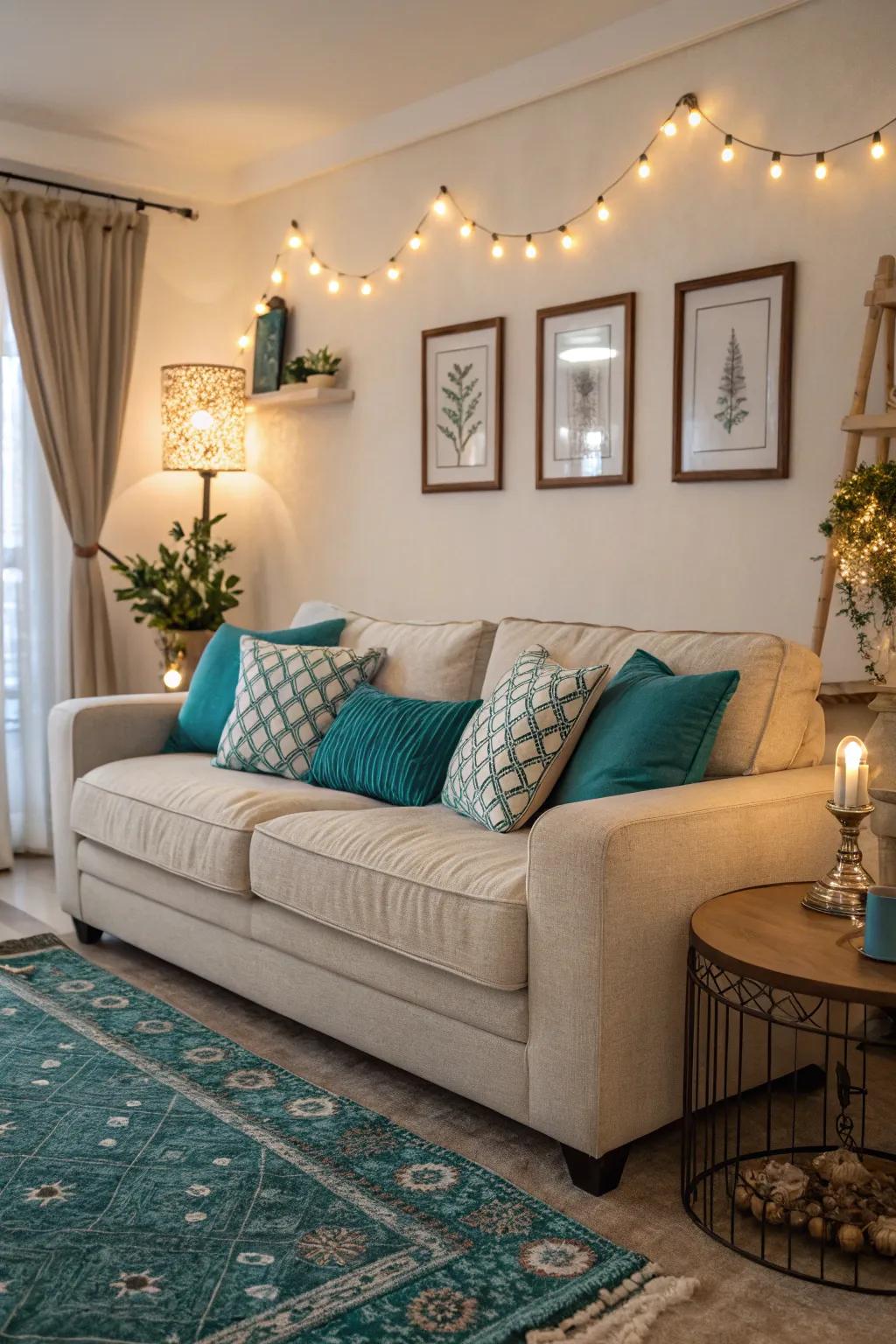 Azure cushions provide a burst of tone and surface feel in an understated manner.
