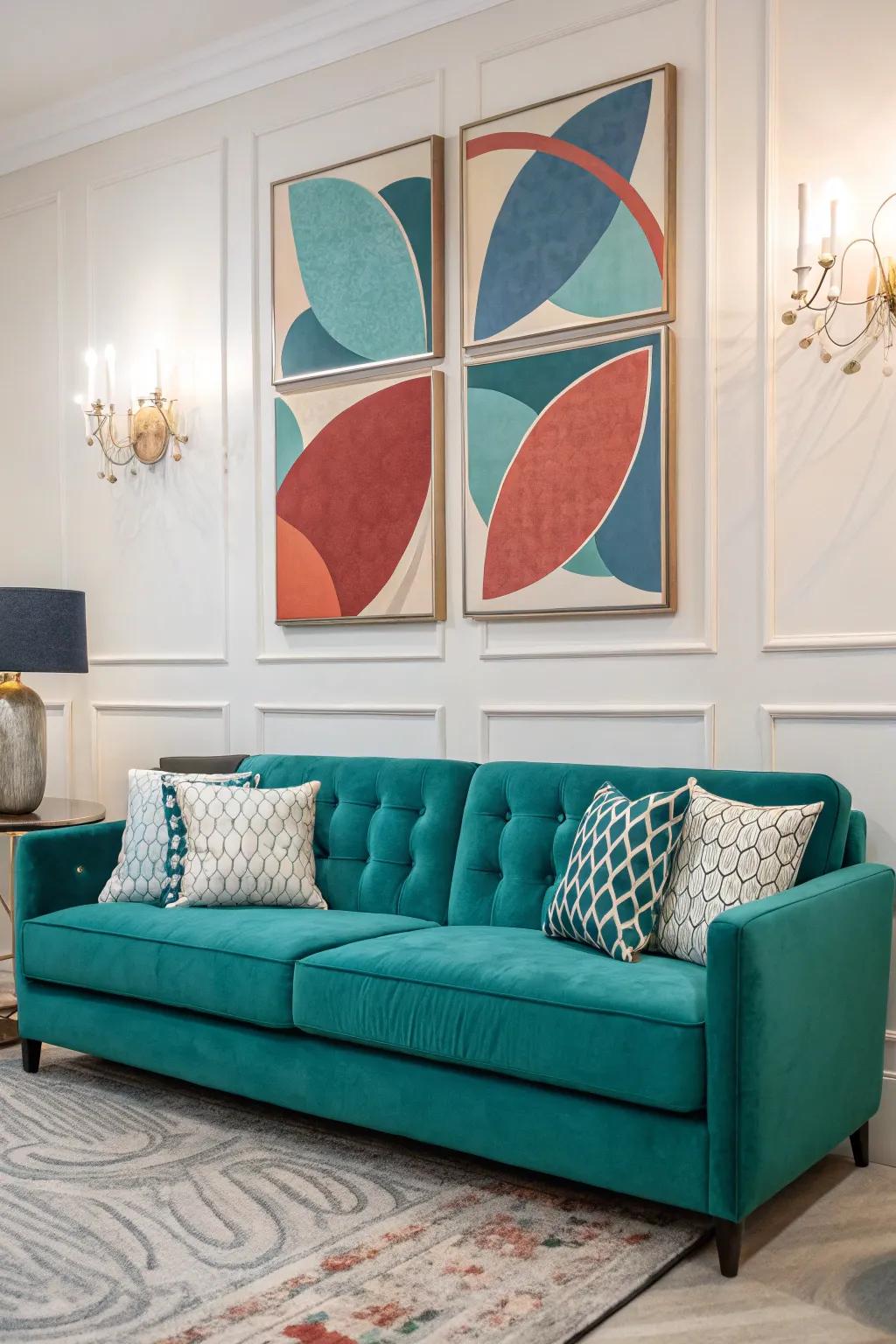 Striking wall art can make your sapphire sofa even more of a focal point.