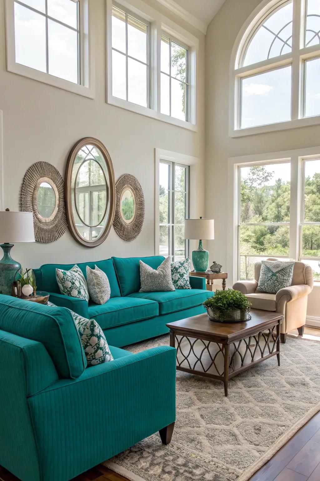Sunlight improves the brightness of teal accents in a living space.