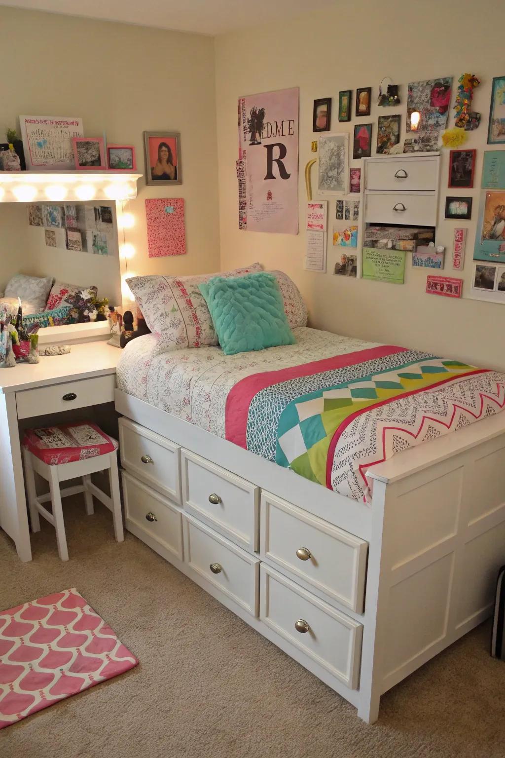 Furniture with multiple uses improves space and practicality in a teenage girl's room.