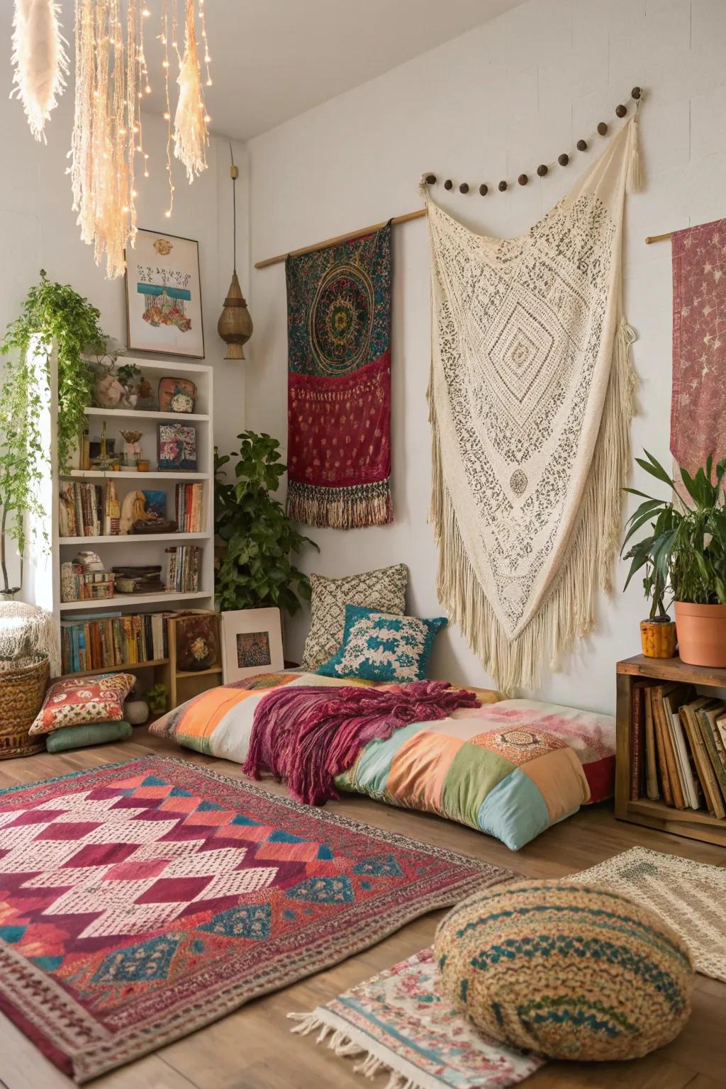 Bohemian styles create a cozy and eclectic ambiance.