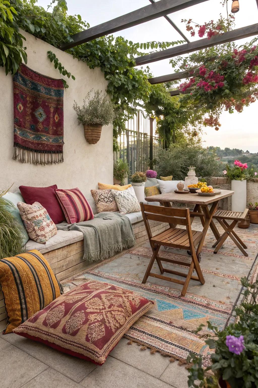 Textiles contribute comfort and warmth to patios.