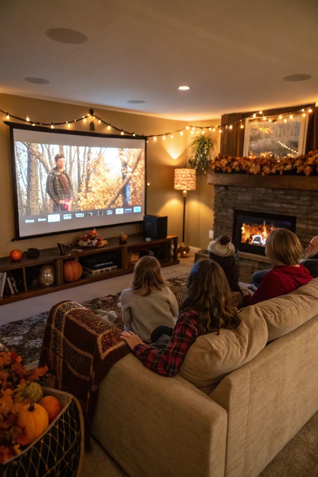 Family relishing a Thanksgiving cinematic extravaganza within a snug living quarters.