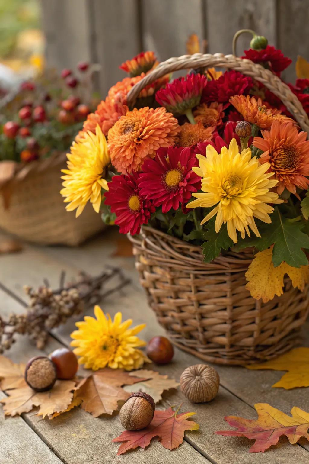 Fall flowers like chrysanthemums deliver a burst of color.