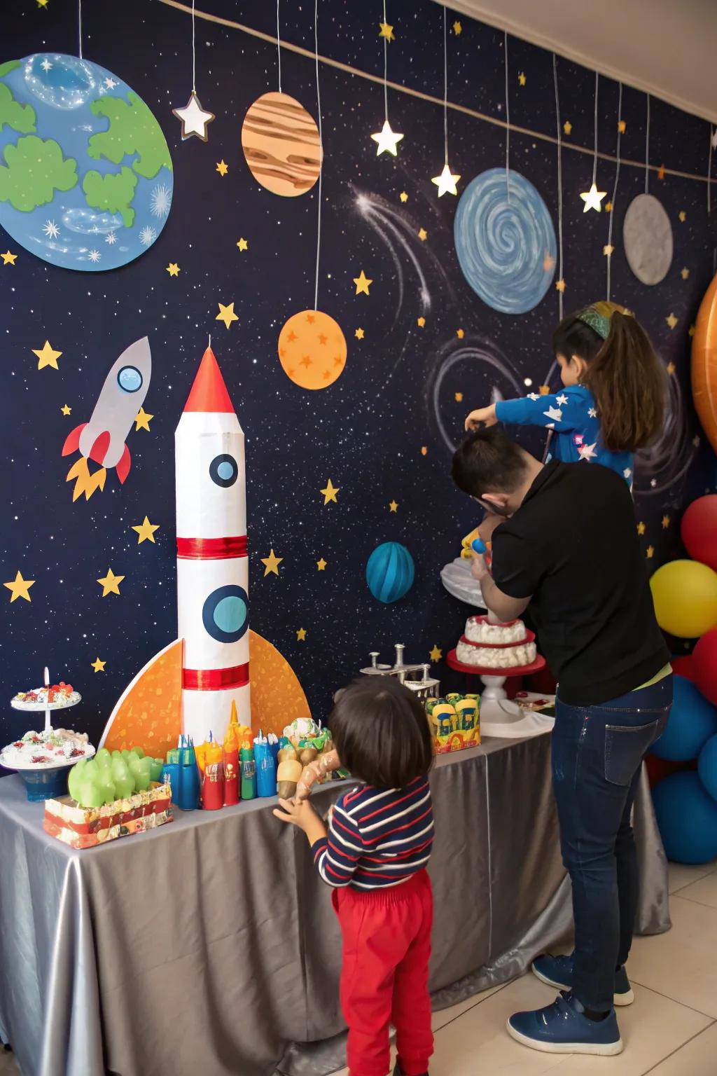 Space-themed celebration with galactic decorations.