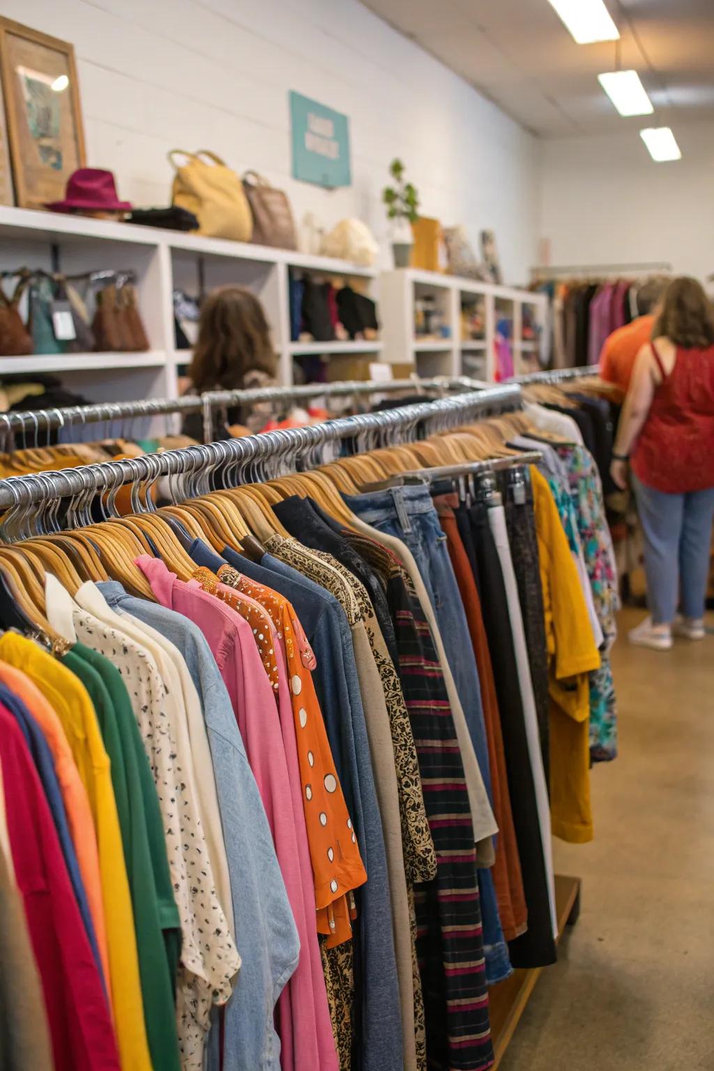 A stylish garment rack featuring hue-coordinated ensembles.