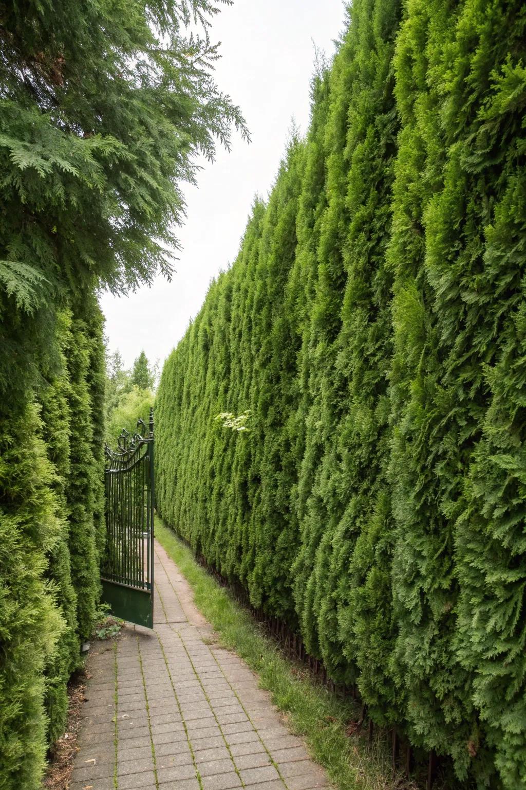 A living fence of Evergreen Sentinels provides both beauty and seclusion.