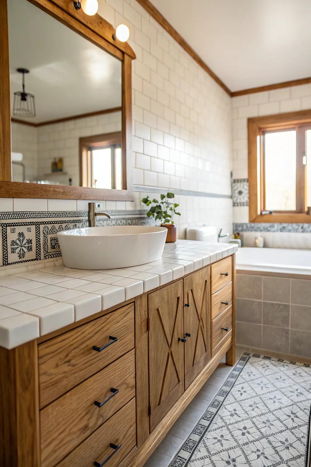 Wood details bring warmth to tiled surfaces.
