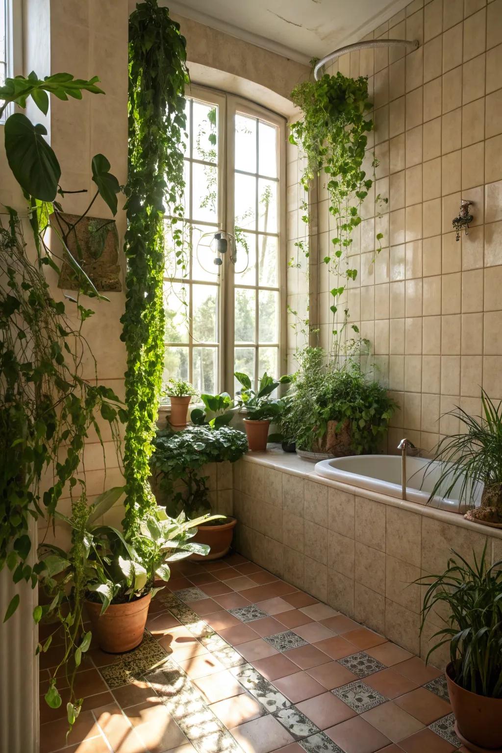Cultivate a tranquil space by merging tiles with natural elements.
