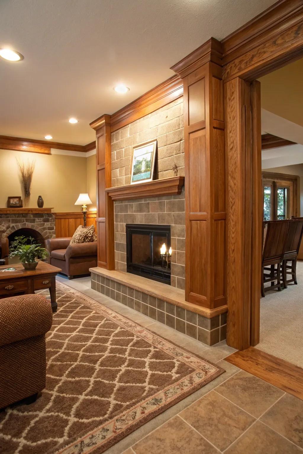 Wood trim gives a rustic charm to tile designs.