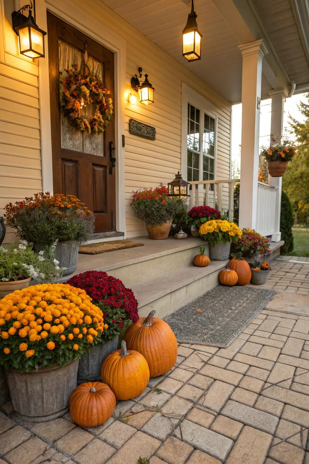Seasonal décor contributes a lively touch to this exquisitely tiled porch.