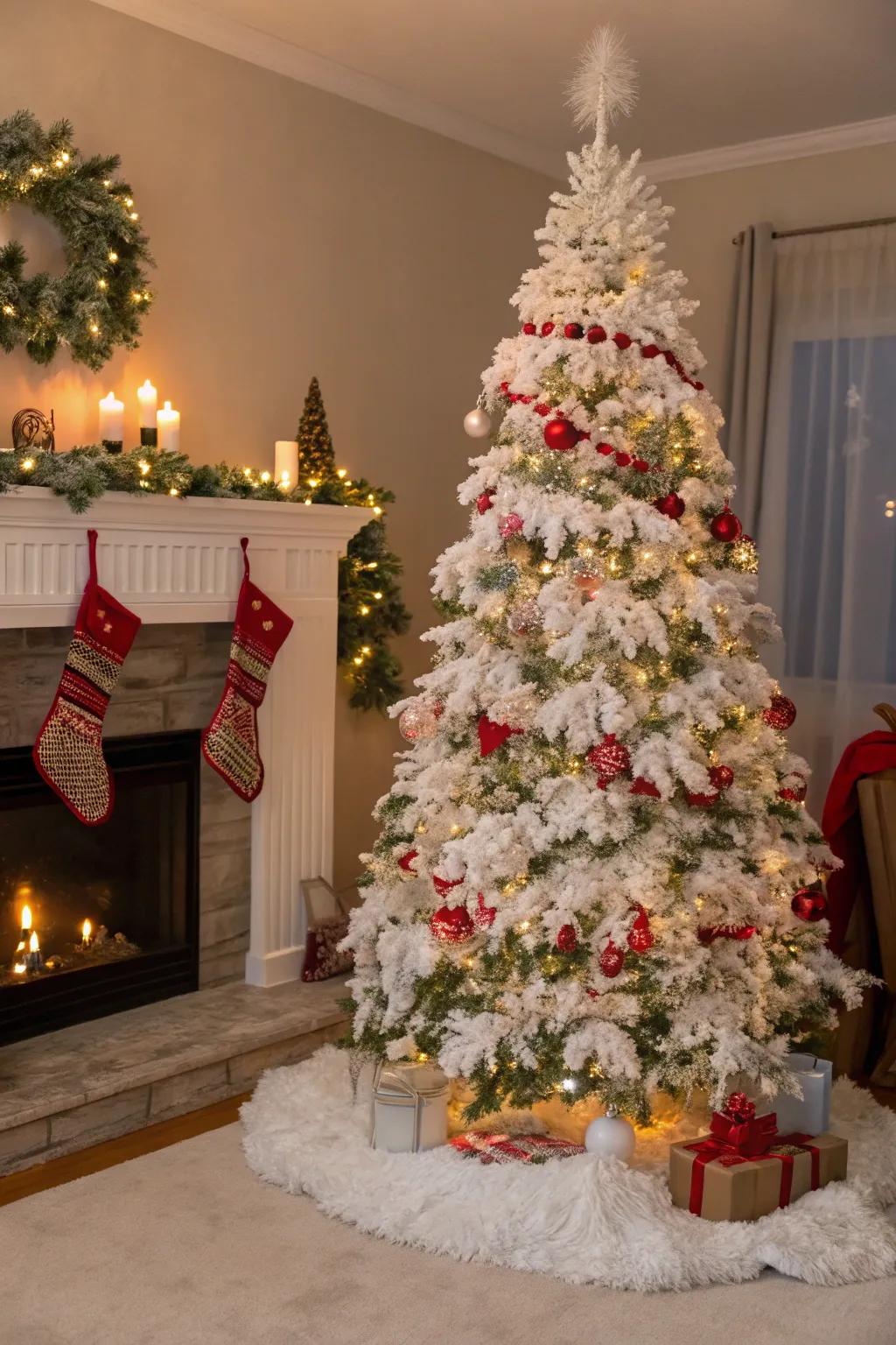 A wintry home scene featuring a Christmas tree enveloped in white sparkle ribbon and imitation snow.