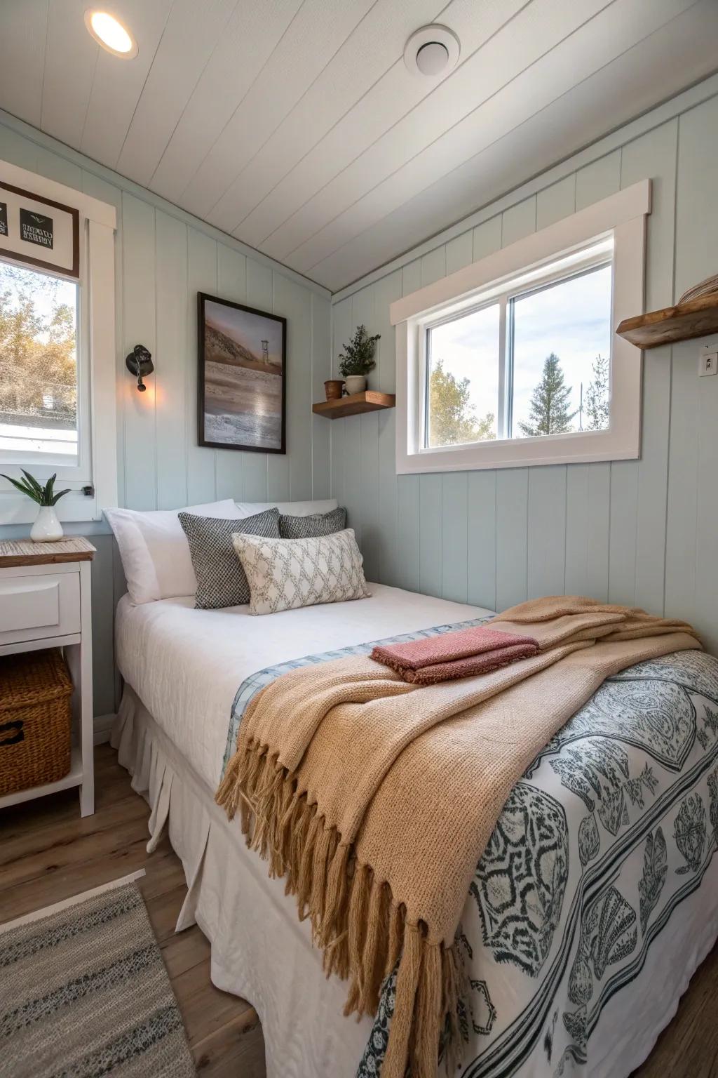 Soft fabrics add warmth to a simple small bedroom.
