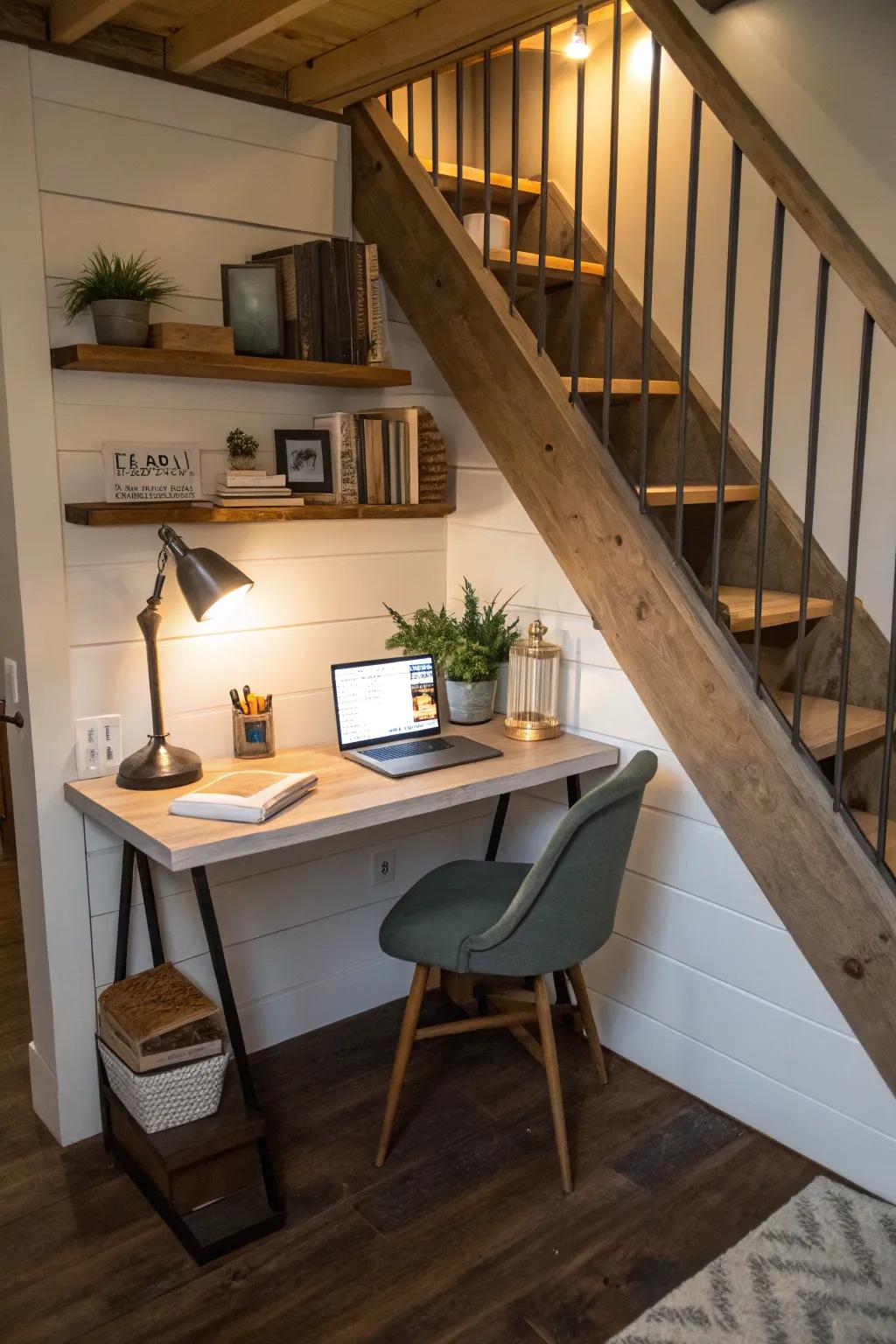 Leveraging under-stair space allows for the creation of an exceptional, private office nook.