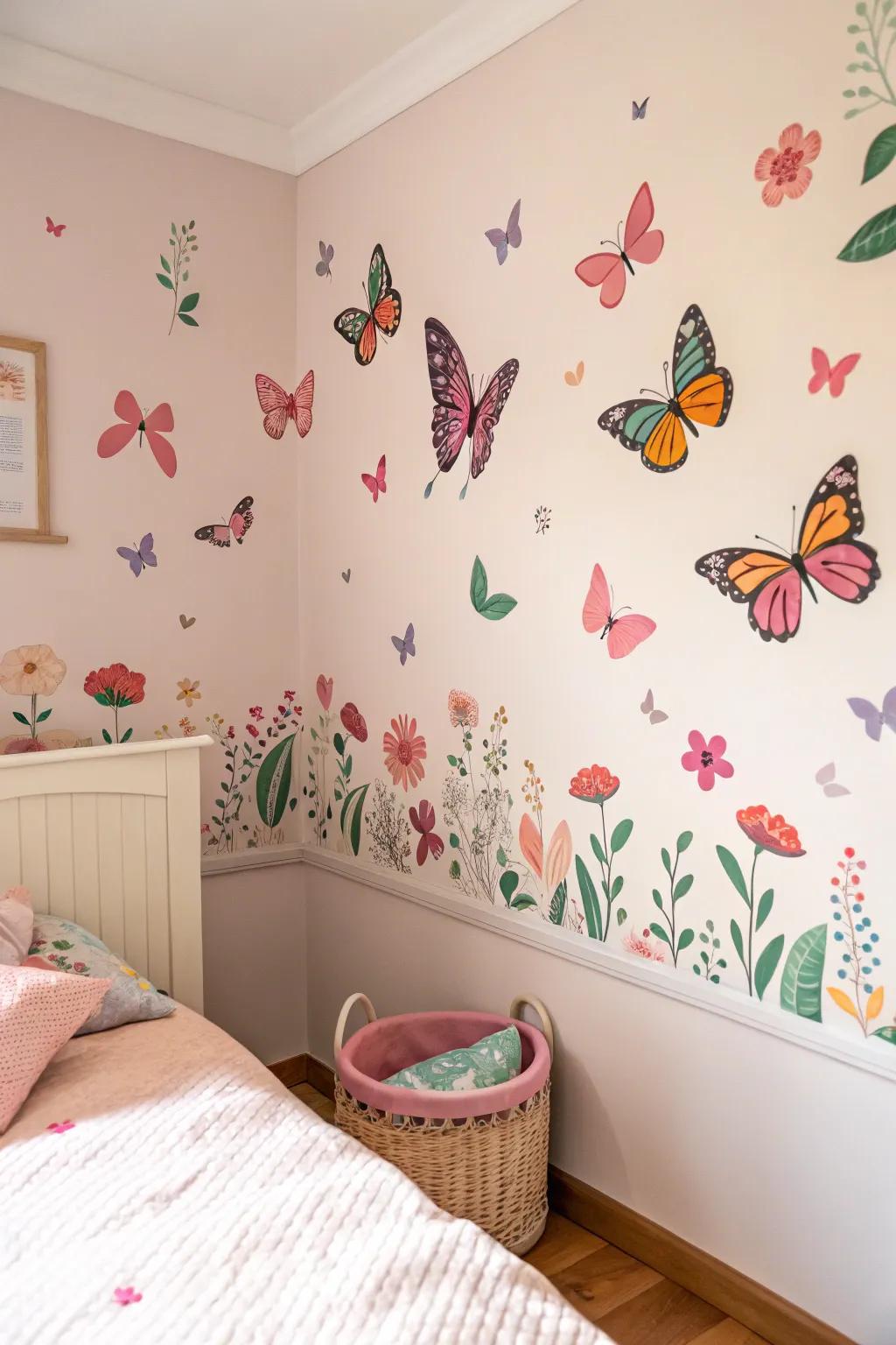 Artwork inspired by nature incorporates a whimsical touch to a child's room.