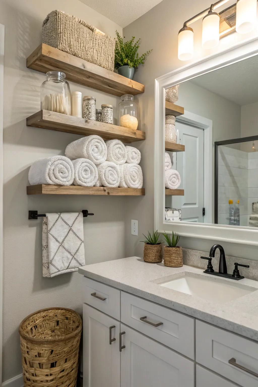 Shelves that appear to float provide a modern way to keep and display towels.