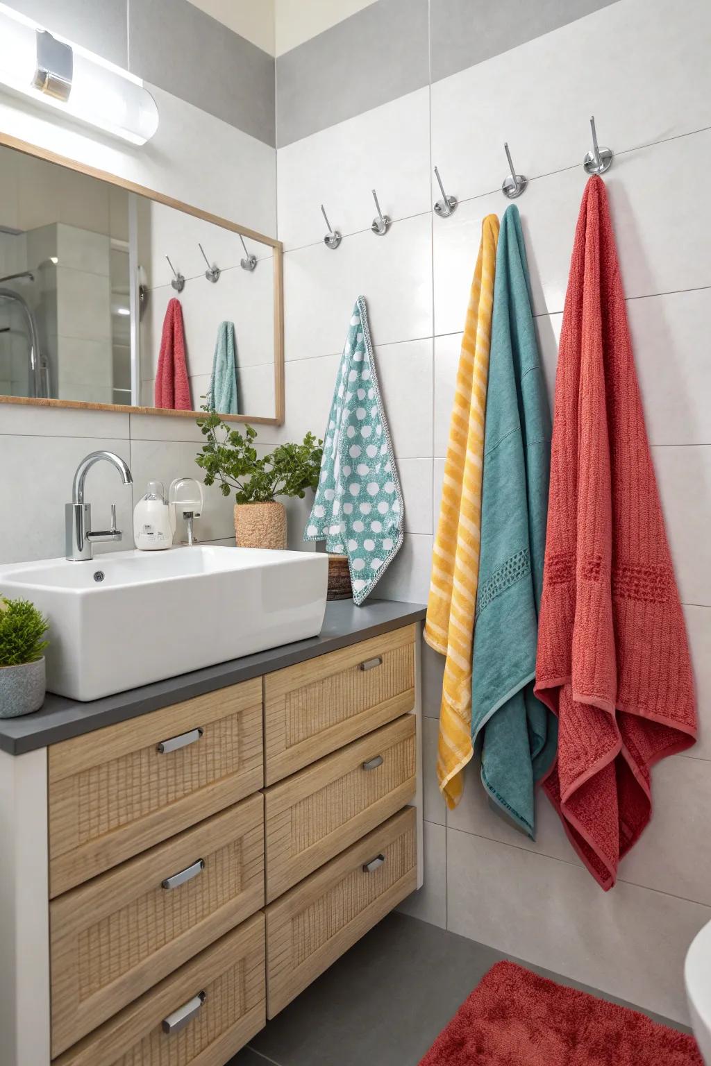 Wall-mounted hooks provide easy access and a tidy look.