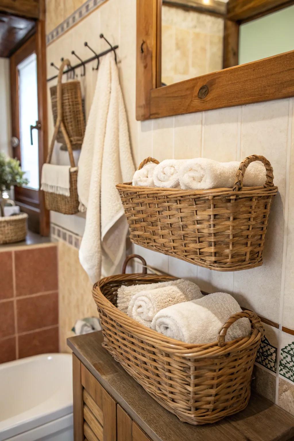 Wall-mounted baskets offer rustic appeal and functionality.
