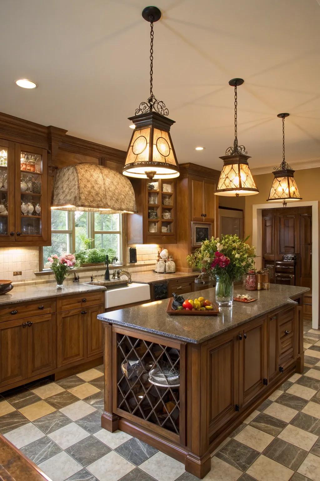 Hanging illumination introduces a traditional touch to this traditional kitchen.