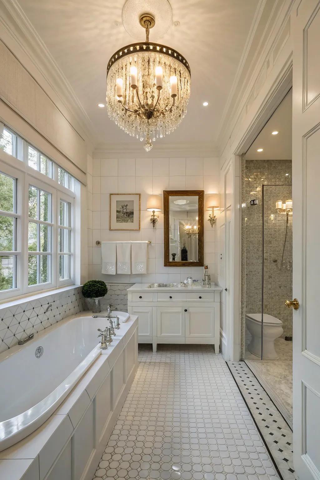 A traditional white bathroom enhanced by a chandelier, enriching both elegance and lighting.