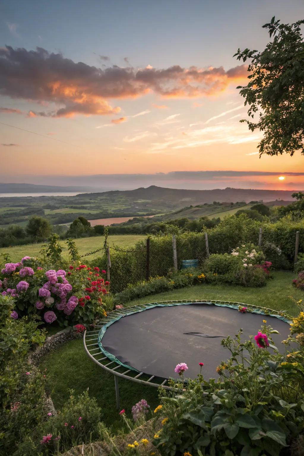 A trampoline strategically positioned to showcase stunning garden views.
