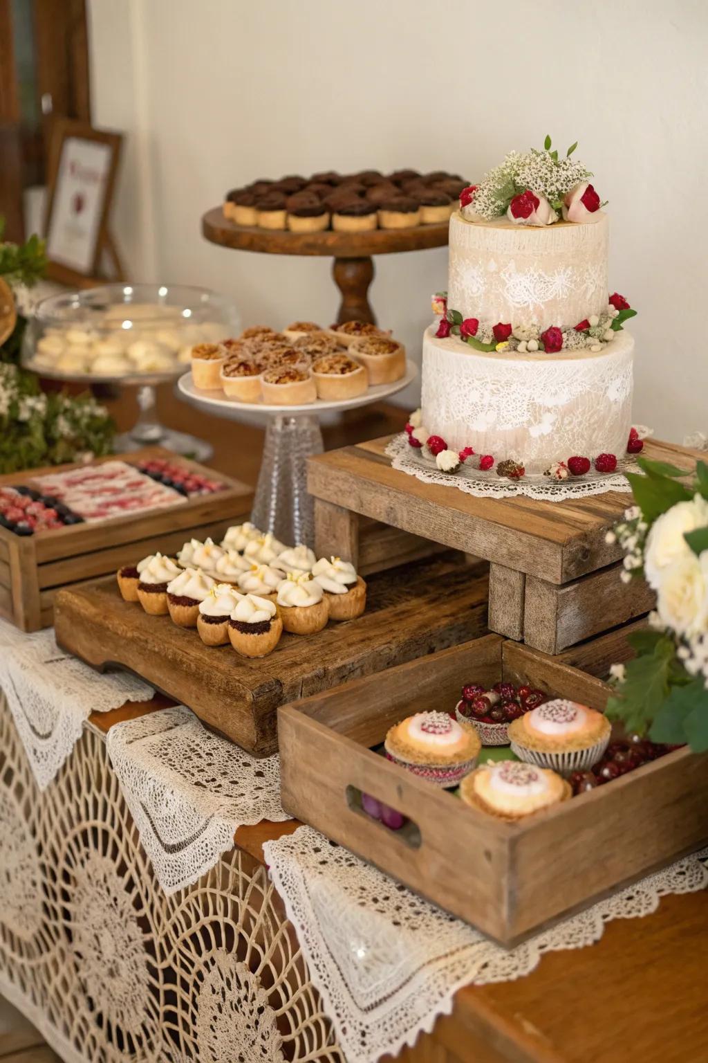 Rustic treat table featuring wooden trays and lace.