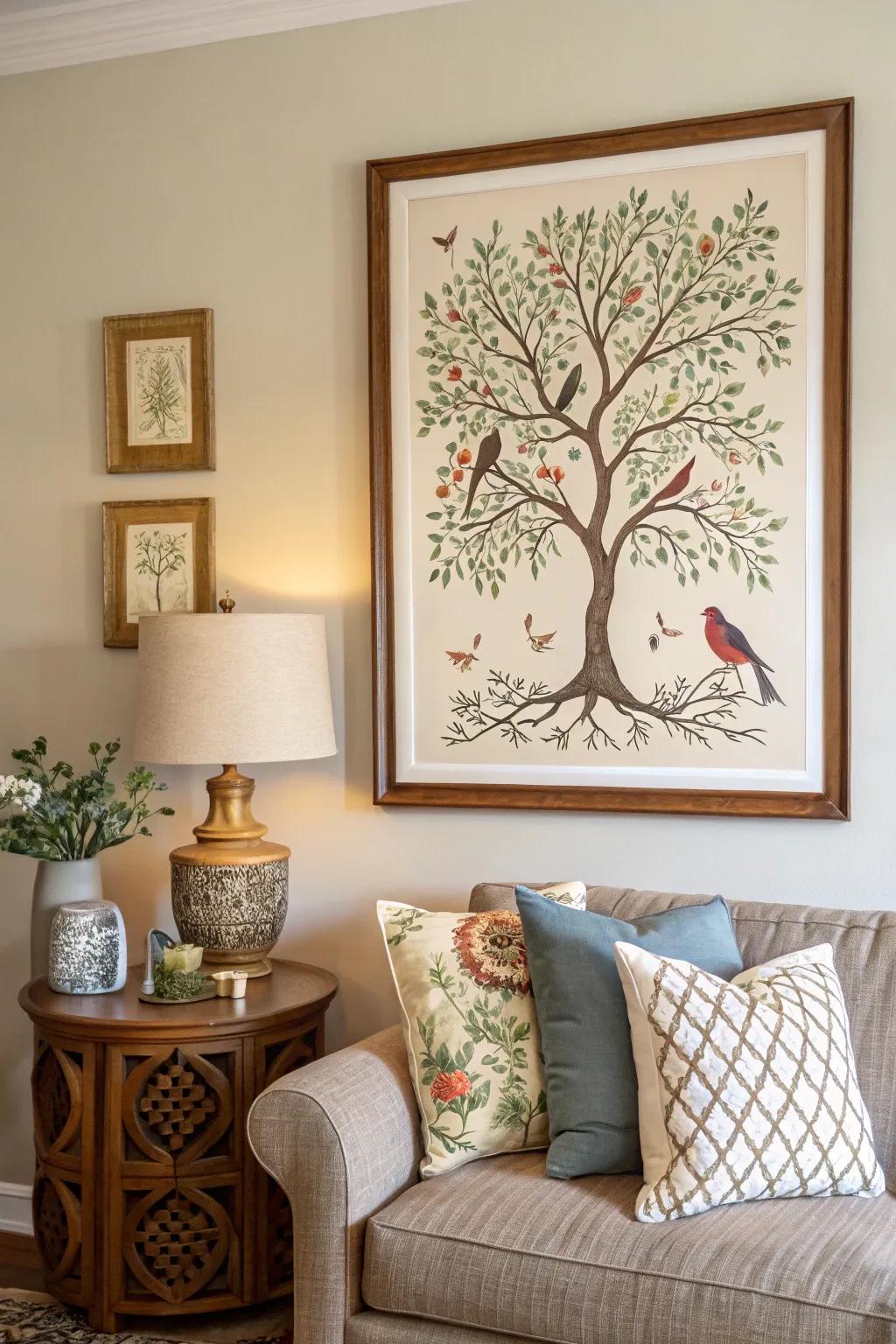 An Arbor Vitae framed artwork with songbirds brightens a living area wall.