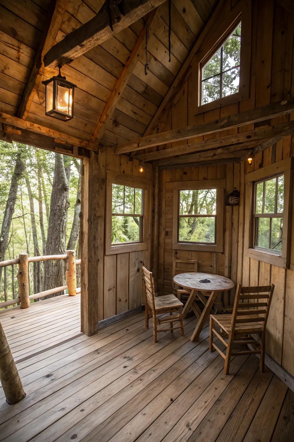 Rustic charm in a treehouse, featuring wooden walls and floors that highlight natural beauty.