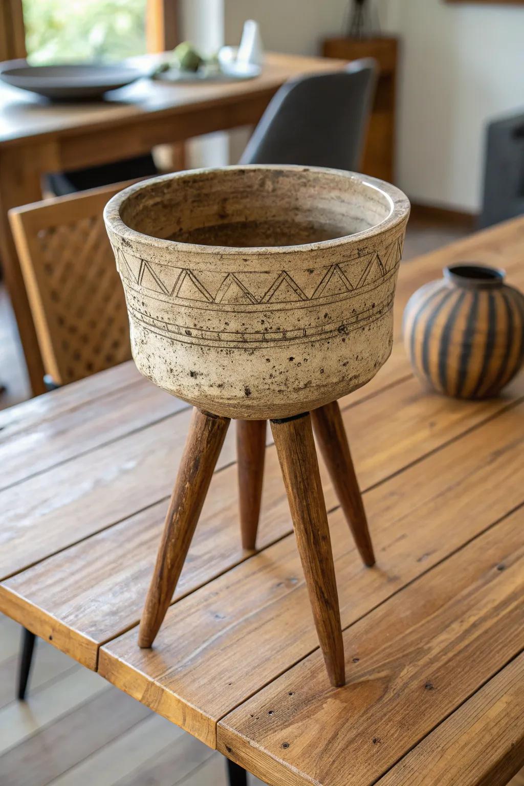 Hand-made aspects in three-legged stands highlight artisanal appeal.