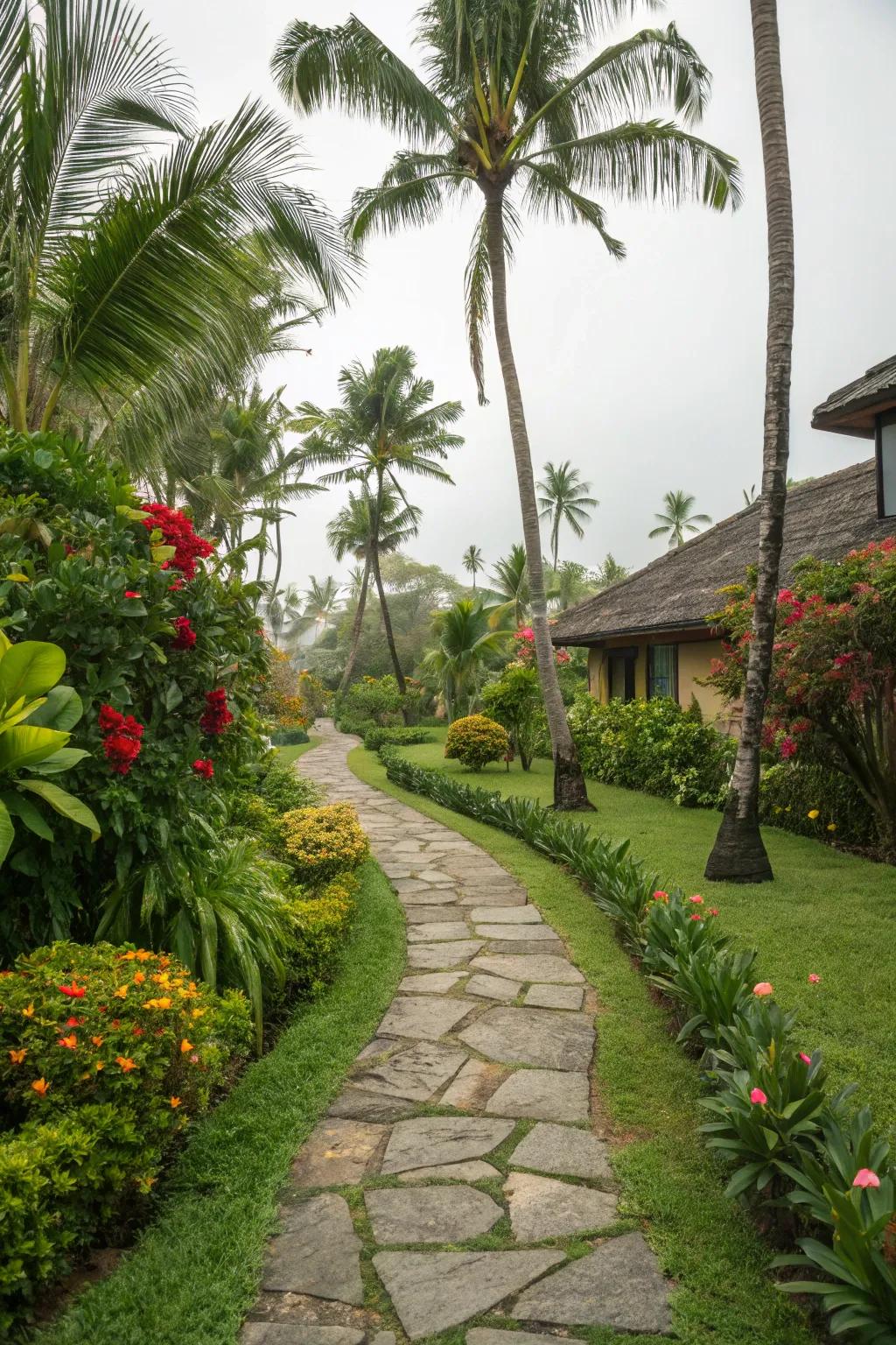 Stone walkways guide you through lush greenery.