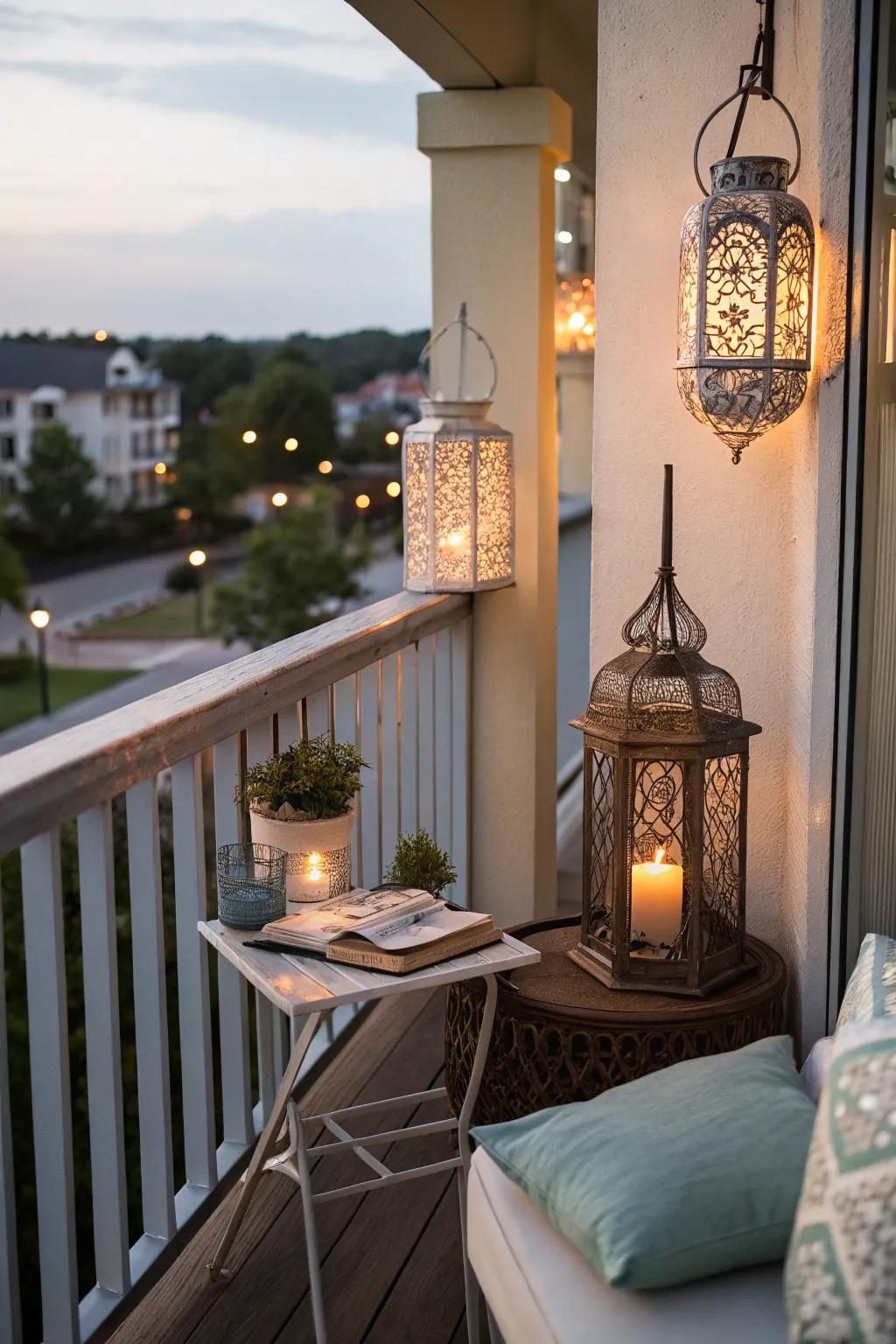Adorn with lanterns and petite tables for an inviting ambiance.
