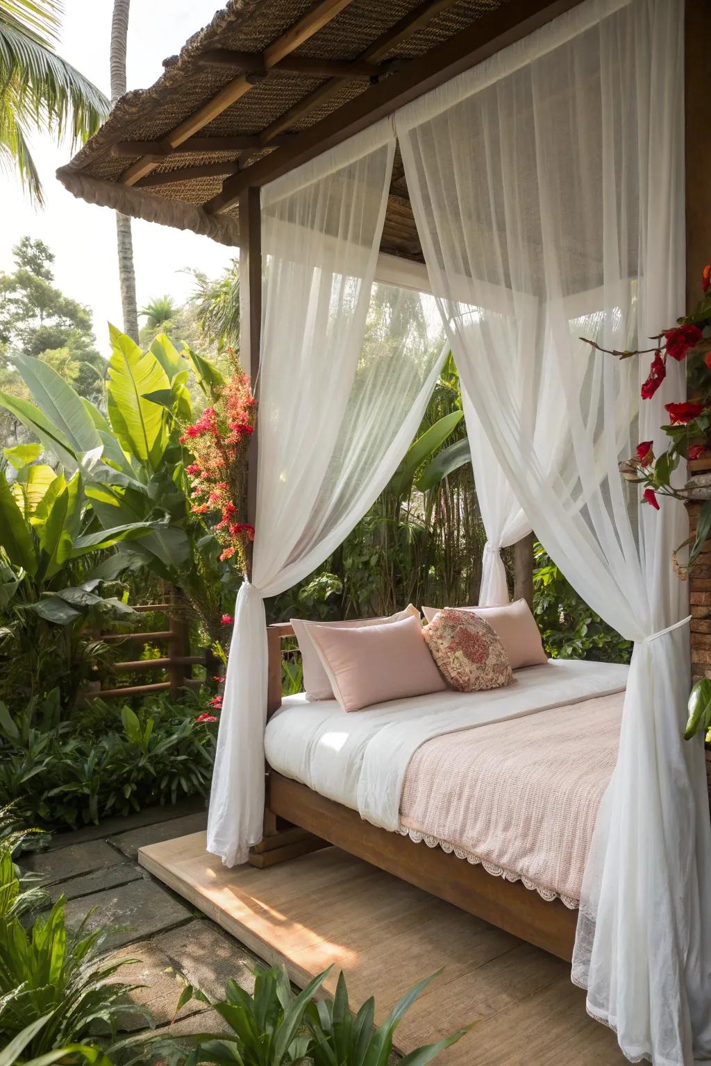 A sheltered bed with diaphanous drapes introduces an exotic and dreamy flair to your bedroom.