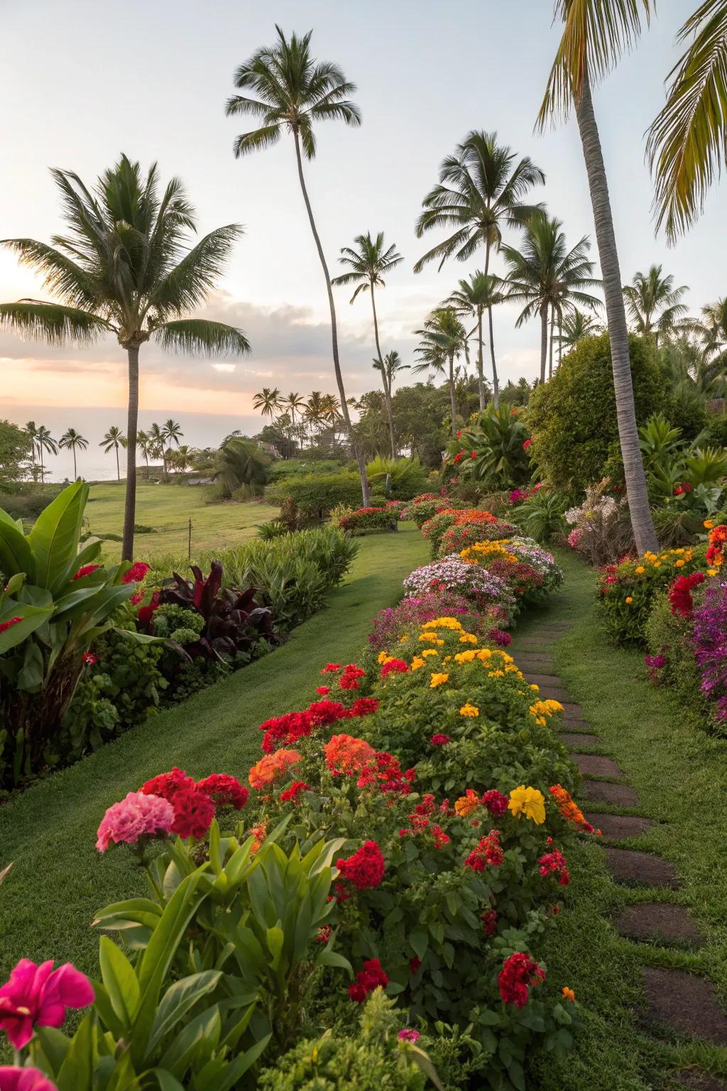 A riot of colors from tropical flowers, adding vibrancy to the garden.