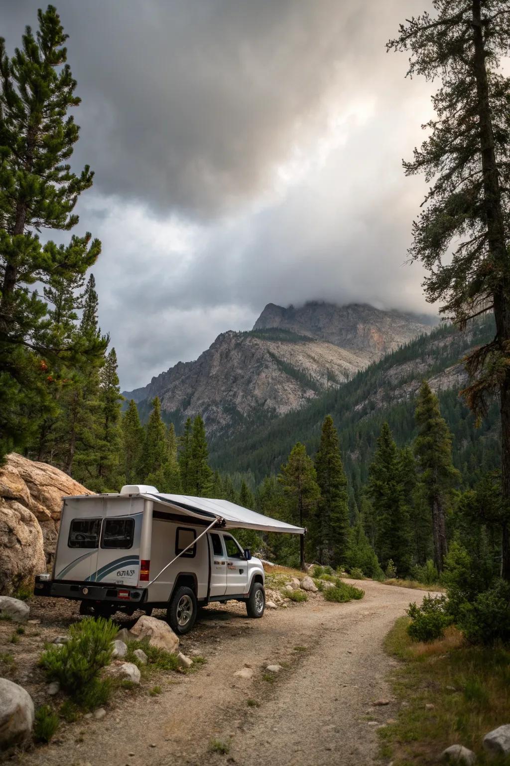An adventurous arrangement with an awning in an off-road setting.
