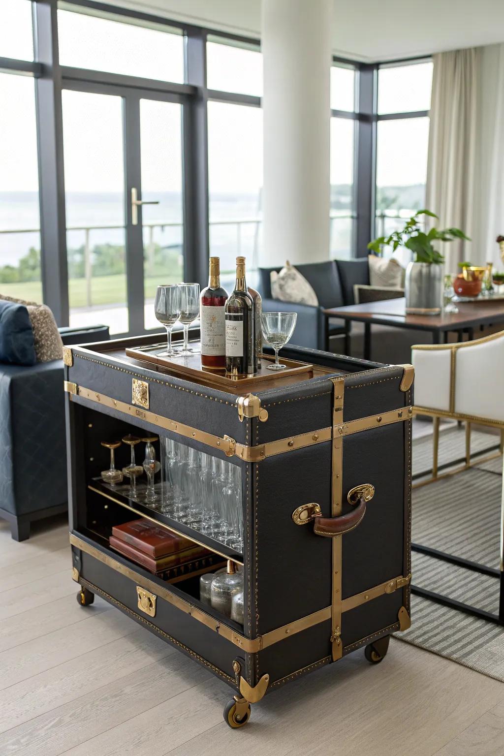 An antique trunk converted into a bar cart, adding a dash of sophistication to entertainment.
