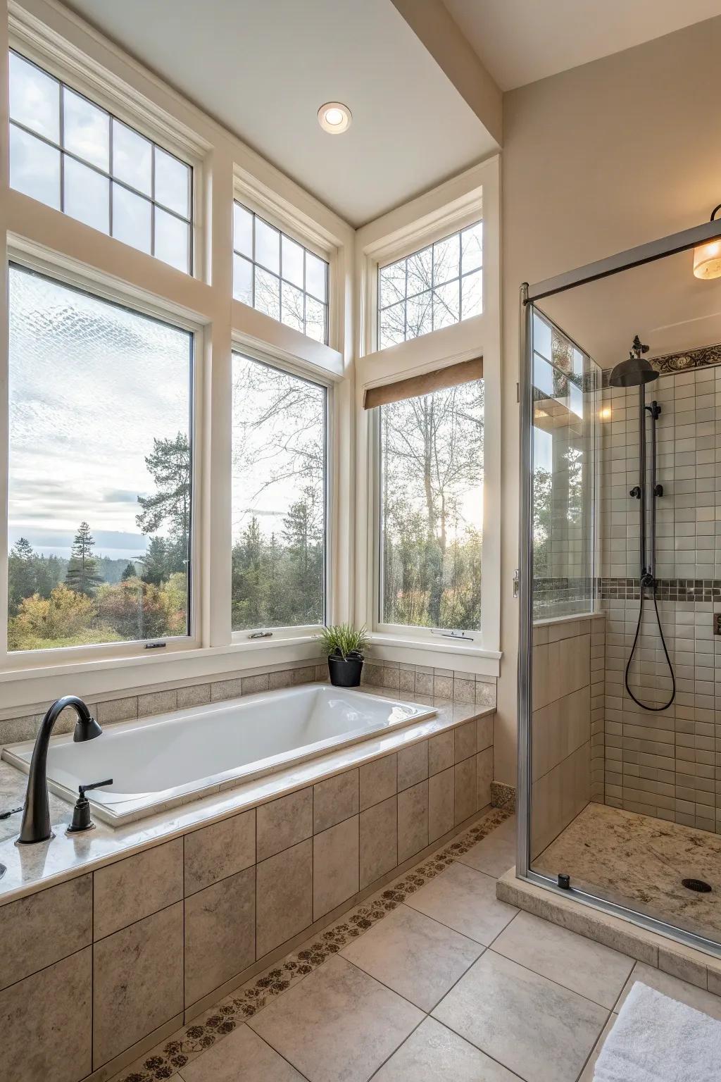Sunlight boosts the inviting atmosphere of this bathroom.