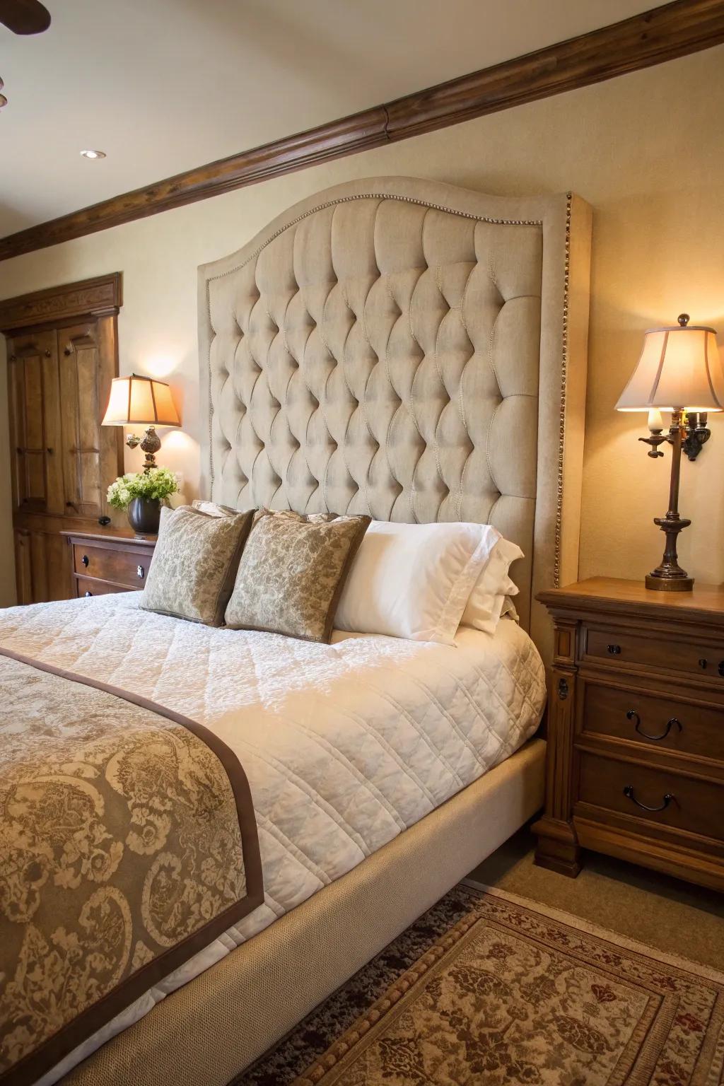 A classic bedroom includes a button-tufted headboard.
