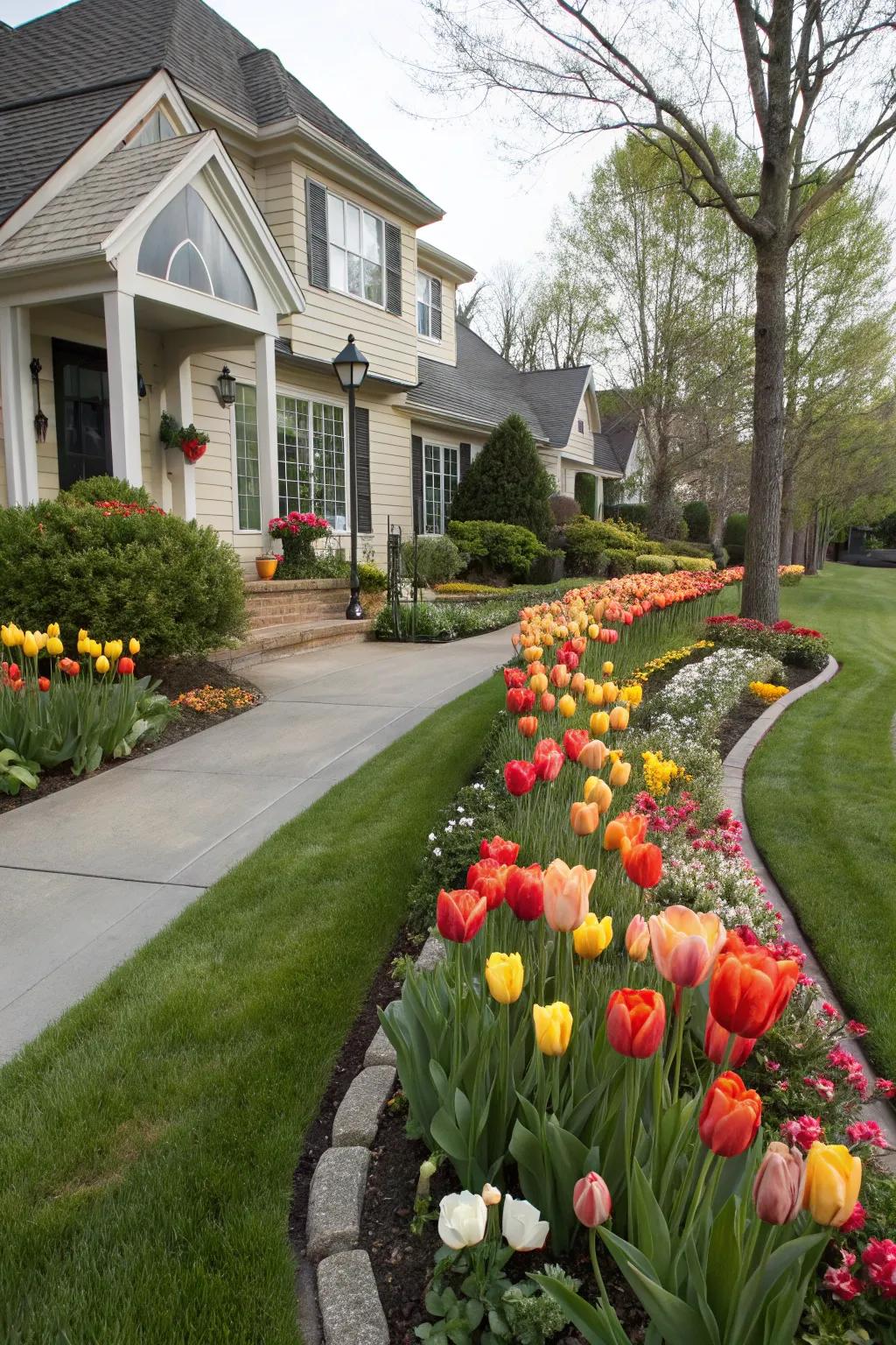 A front garden decorated with tulips, offering an inviting and colorful welcome.