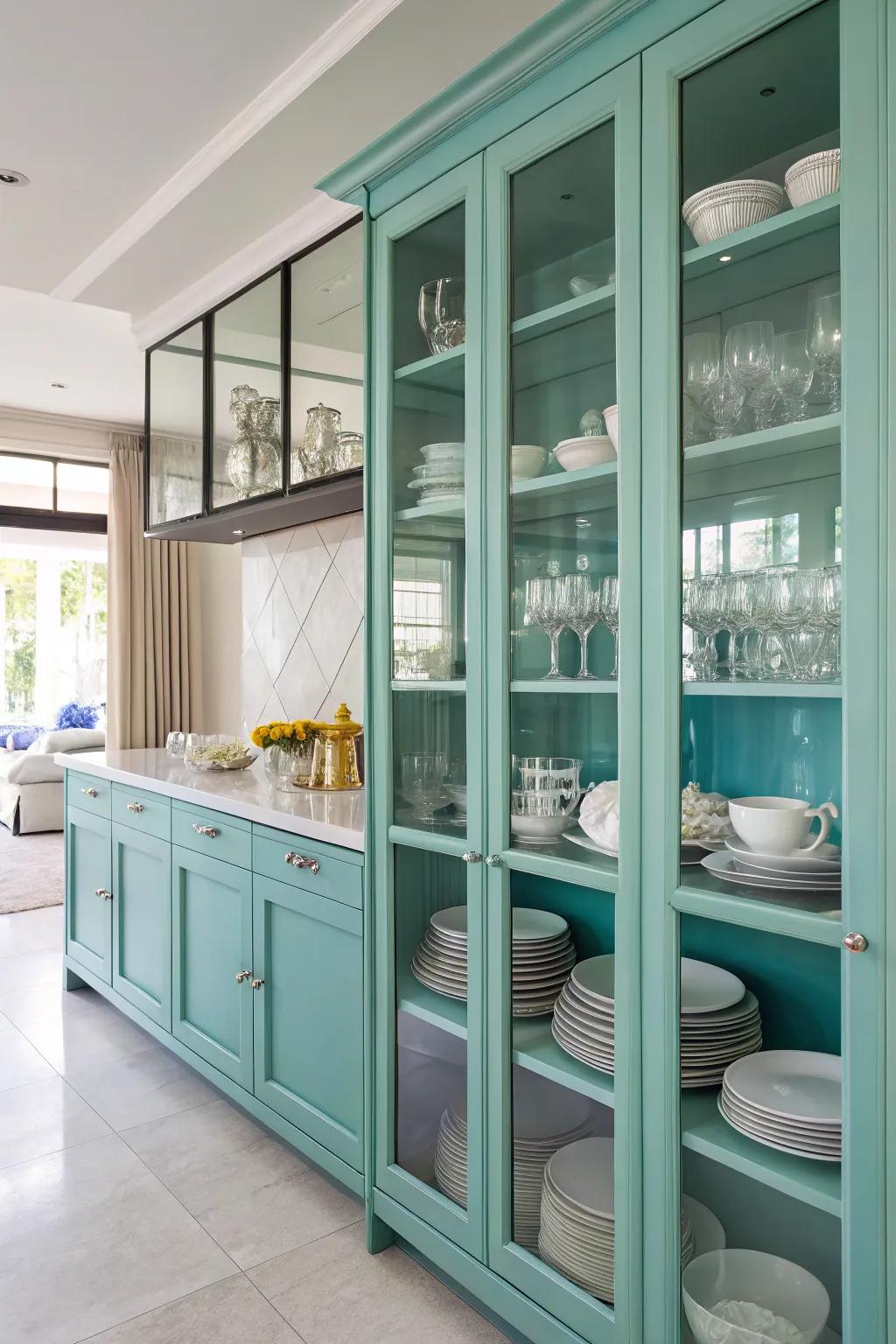 Glass-surface cabinets exhibiting tableware inside a robin's egg blue culinary space.
