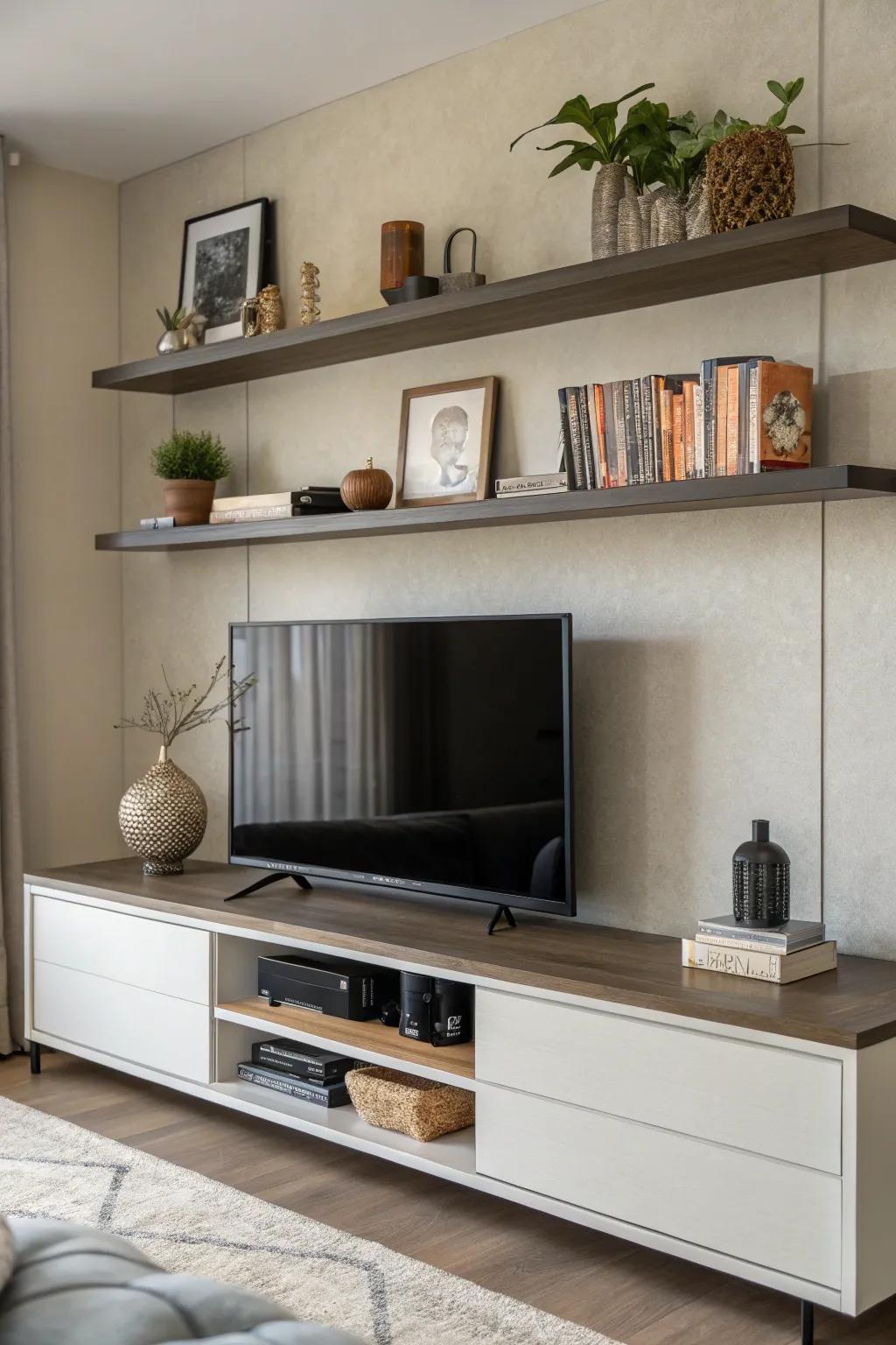 Wall-mounted shelves positioned above a TV console, providing extra storage.