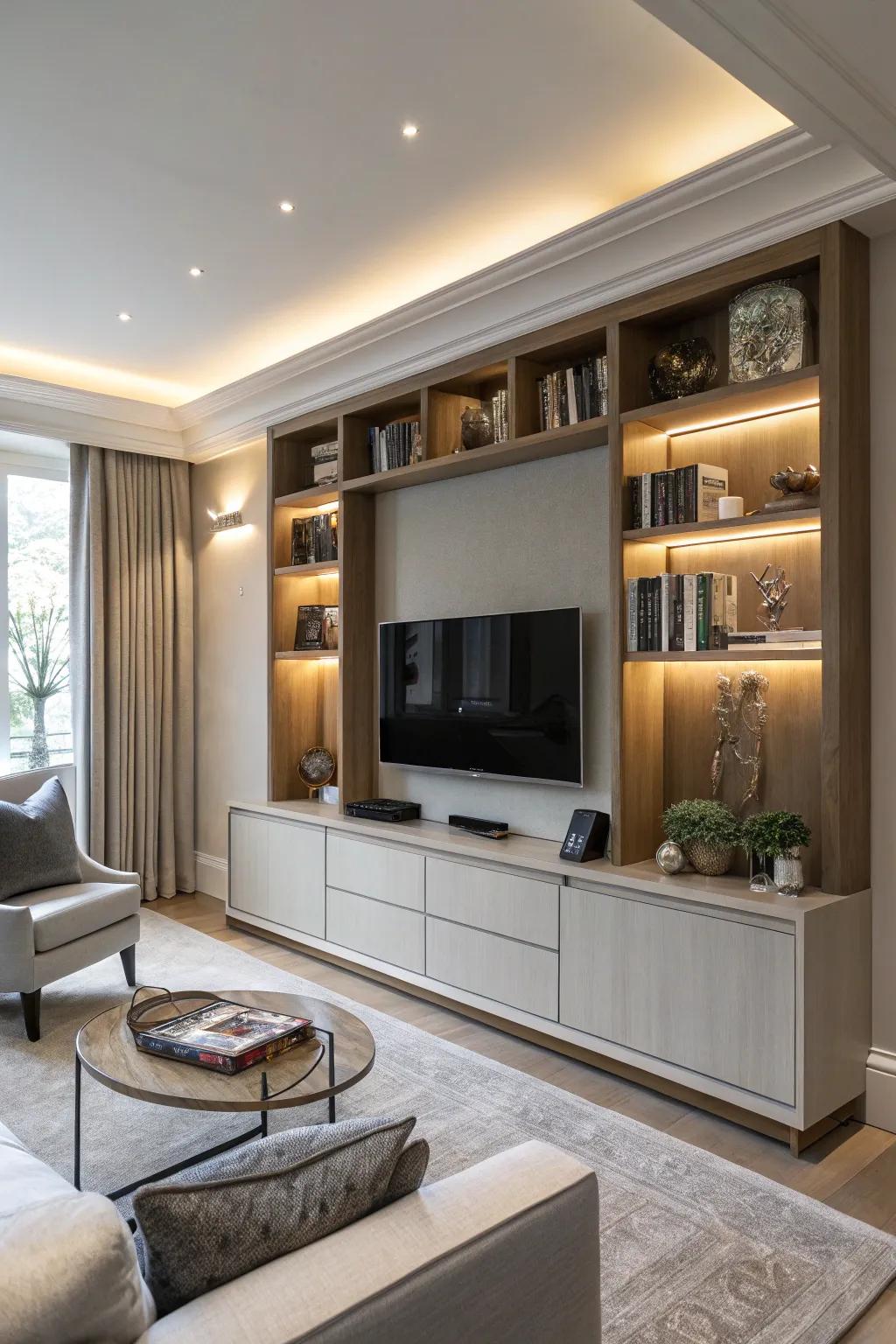 Personalized custom millwork merges TV and storage perfectly.