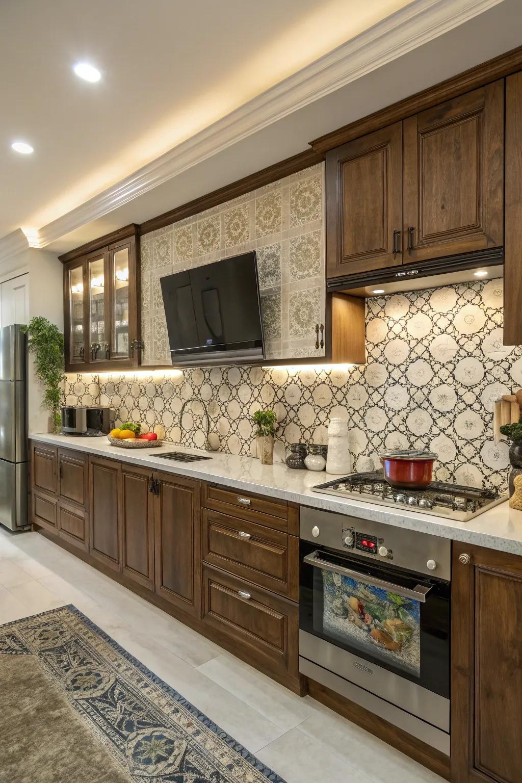 A kitchen where a TV complements both modern and traditional styles.