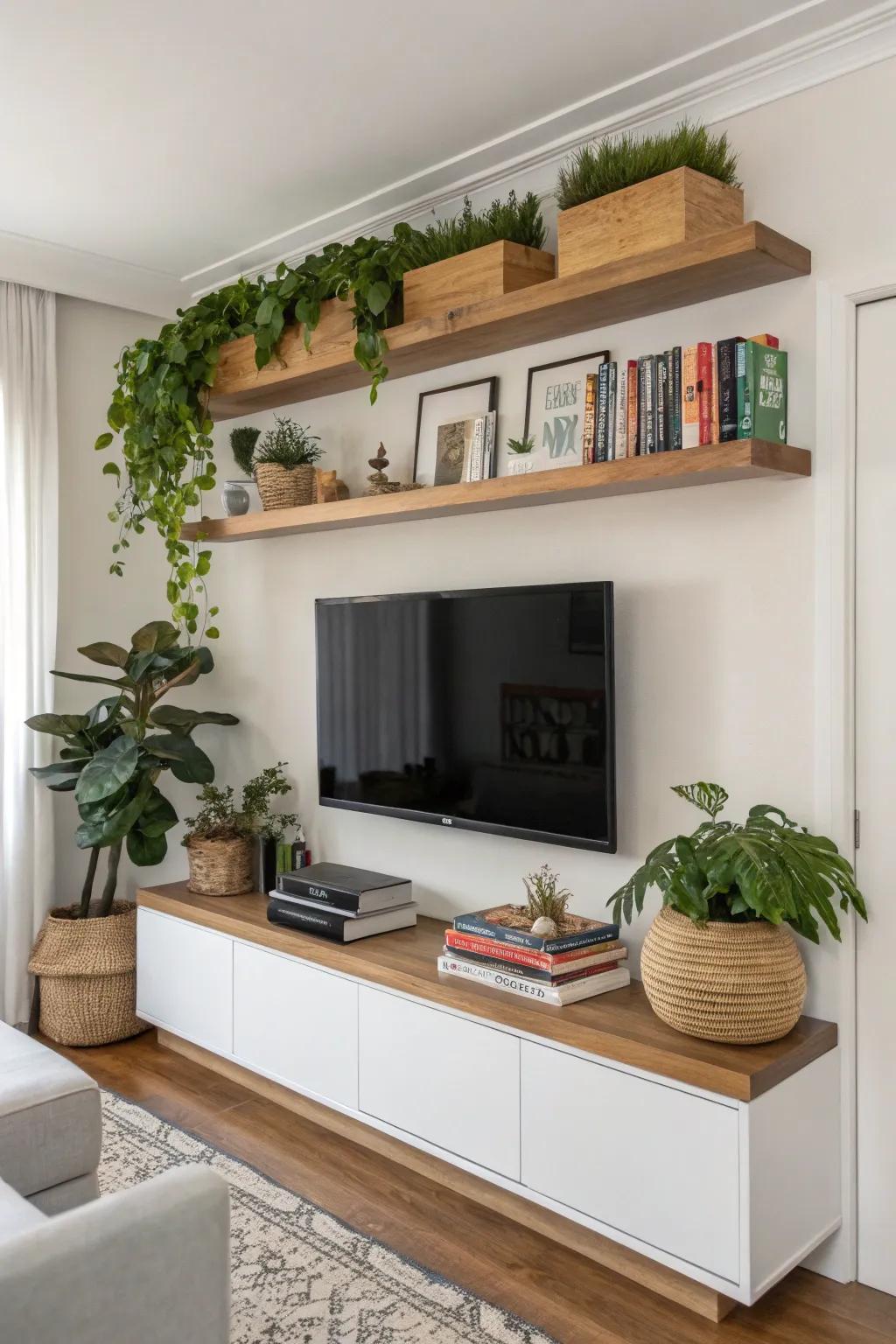 Drifting shelves offer fashionable storage options on this TV wall.